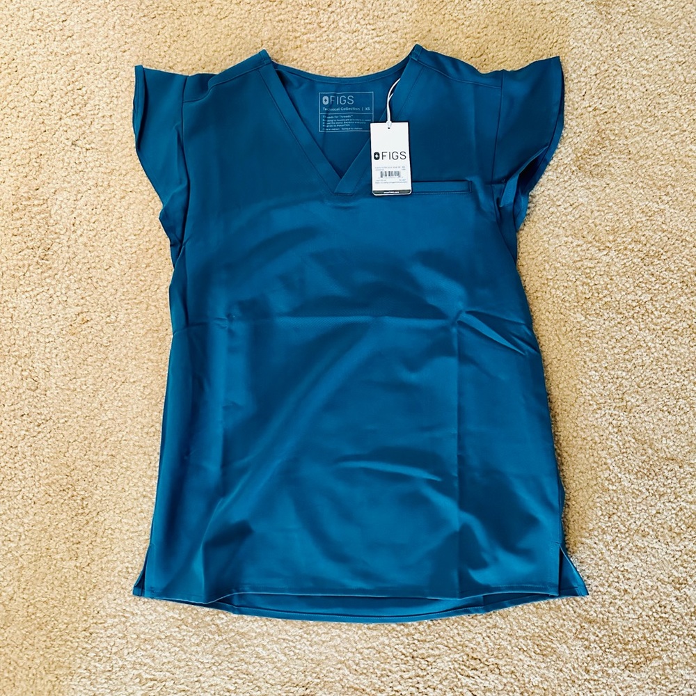Figs Caribbean Blue Natal Flutter sleeve Top